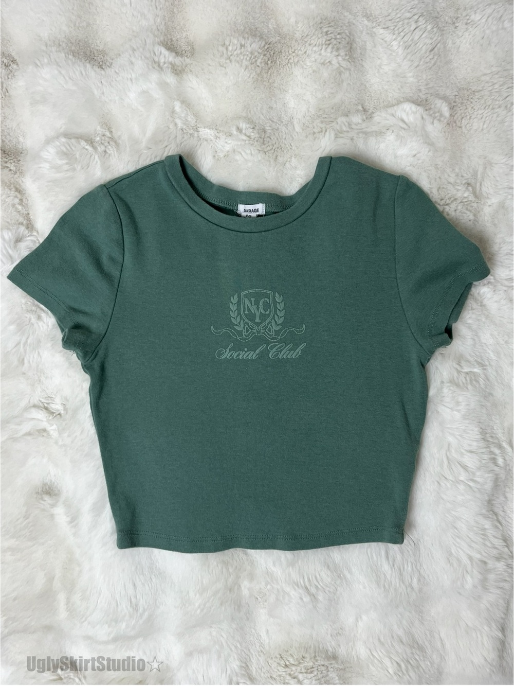 Garage NYC Social Club Graphic Baby Tee Green Small EUC